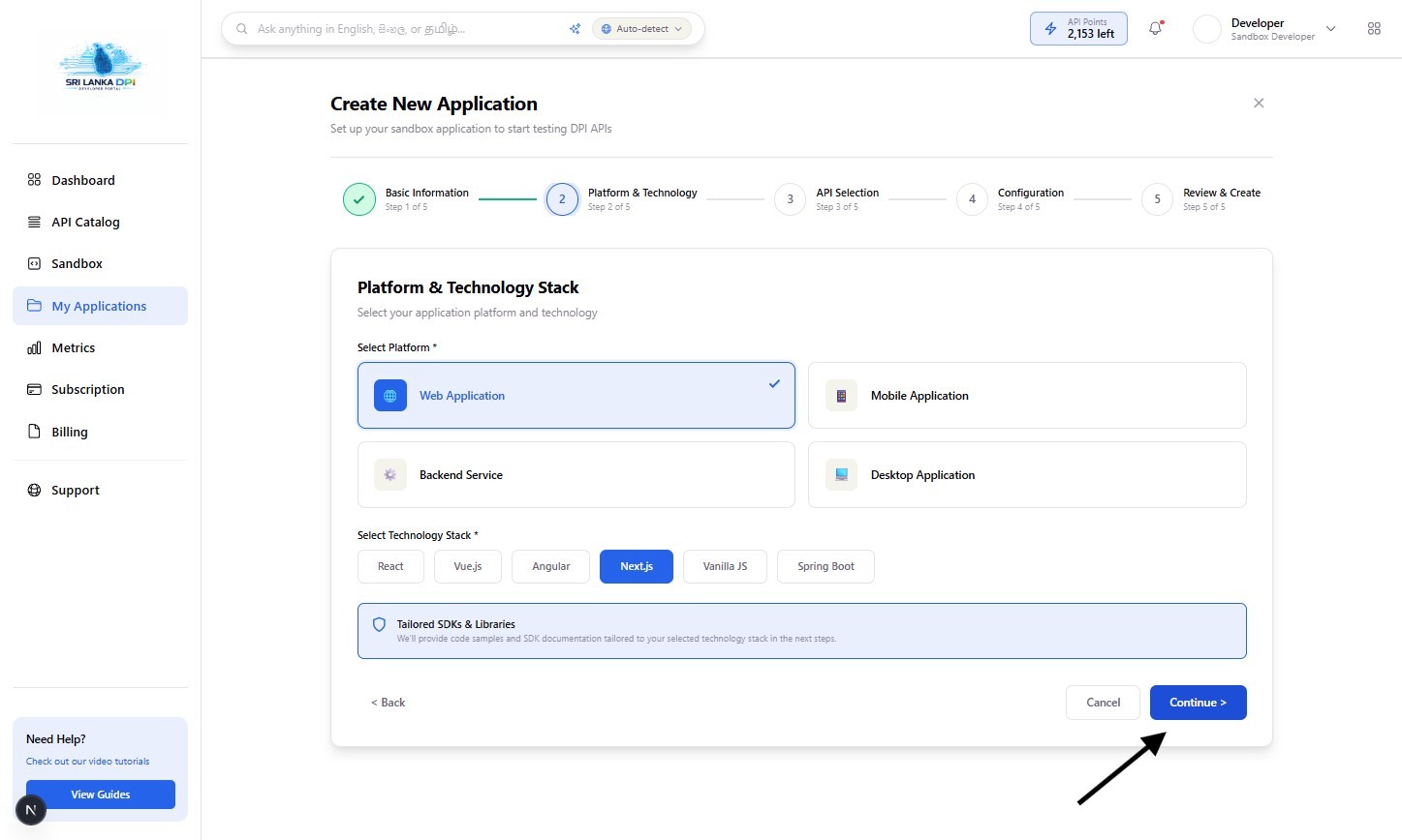 Continue to API Selection